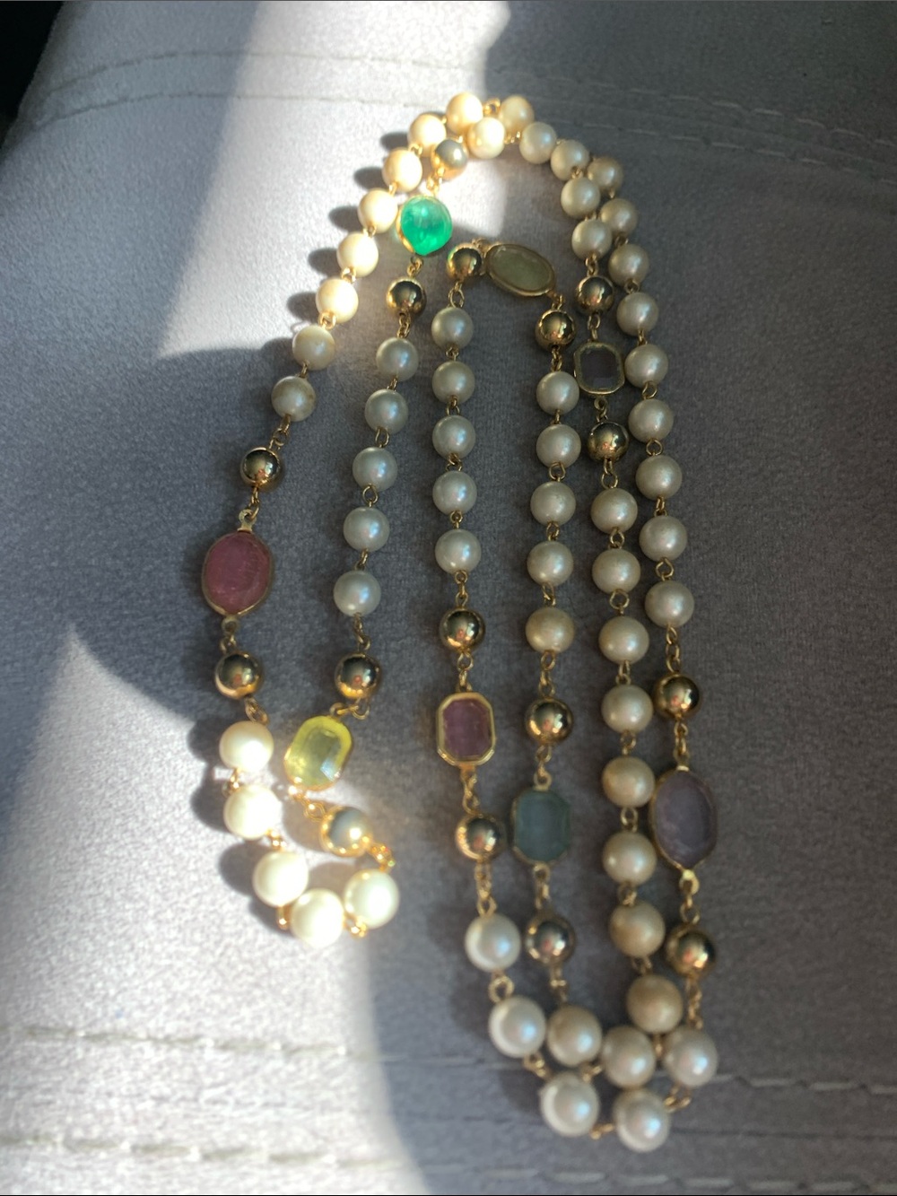 Vintage 75sGold-Tone Pearl Station Necklace with Multicolor Gem Accents